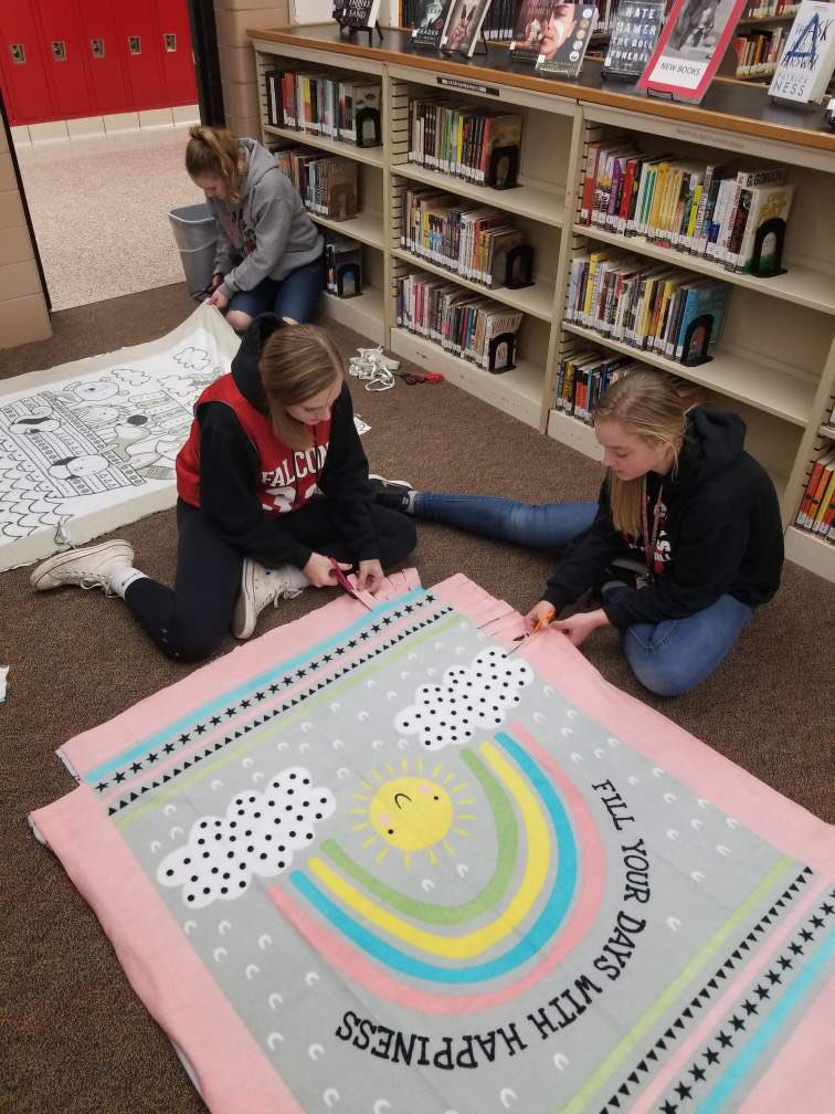 Awesome time today with the High School and Jr High Lady Falcons making blankets to take to the residents at Altercare assisted living. #payitforward