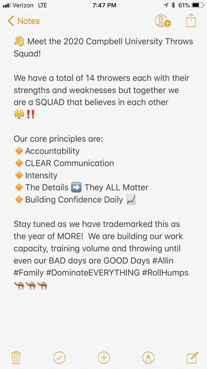 GoCamelsThrow's tweet photo. 👋 Meet the 2020 Campbell University Throws Squad!

We are a SQUAD that believes in each other 😤‼️

Our core principles are:
🔸Accountability
🔸CLEAR Communication 
🔸Intensity 
🔸The Details ➡️ They ALL Matter
🔸Building Confidence Daily 📈
#Allin #Family #DominateEVERYTHING https://t.co/sDbjJYD1E6