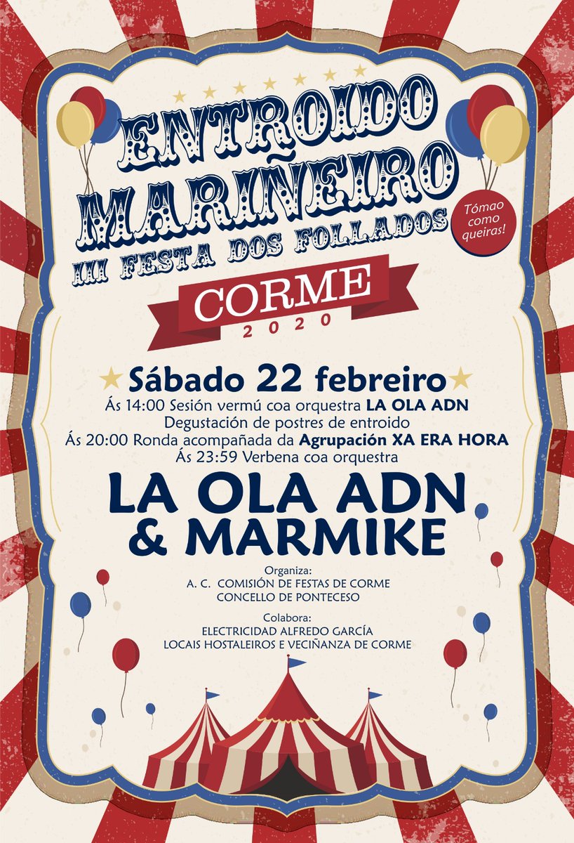 festasdecorme's tweet photo. 🎭Achégase o Entroido, e con el a 3ª Festa dos Follados (Tómao como quieras!).🎭
E en Corme témosvos preparada unha festa de sete estalos!🔥🔥
🎪A temática de disfraz proposta é o CIRCO! 🎪

Dalle RT! 🤗 https://t.co/e7Frzw3CFK