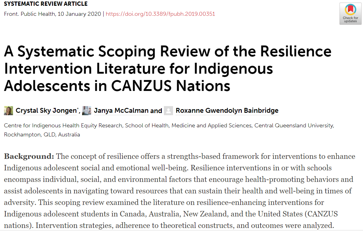 CIHER_CQUni's tweet photo. JUST PUBLISHED: Review of school-based resilience interventions for Indigenous adolescents found strong alignment with ecological &amp; culturally based resilience theories; outcomes of improved self-esteem, Indigenous identity, peer support, community connection &amp; capacity. @CQUni https://t.co/U4Q6EA49Sj