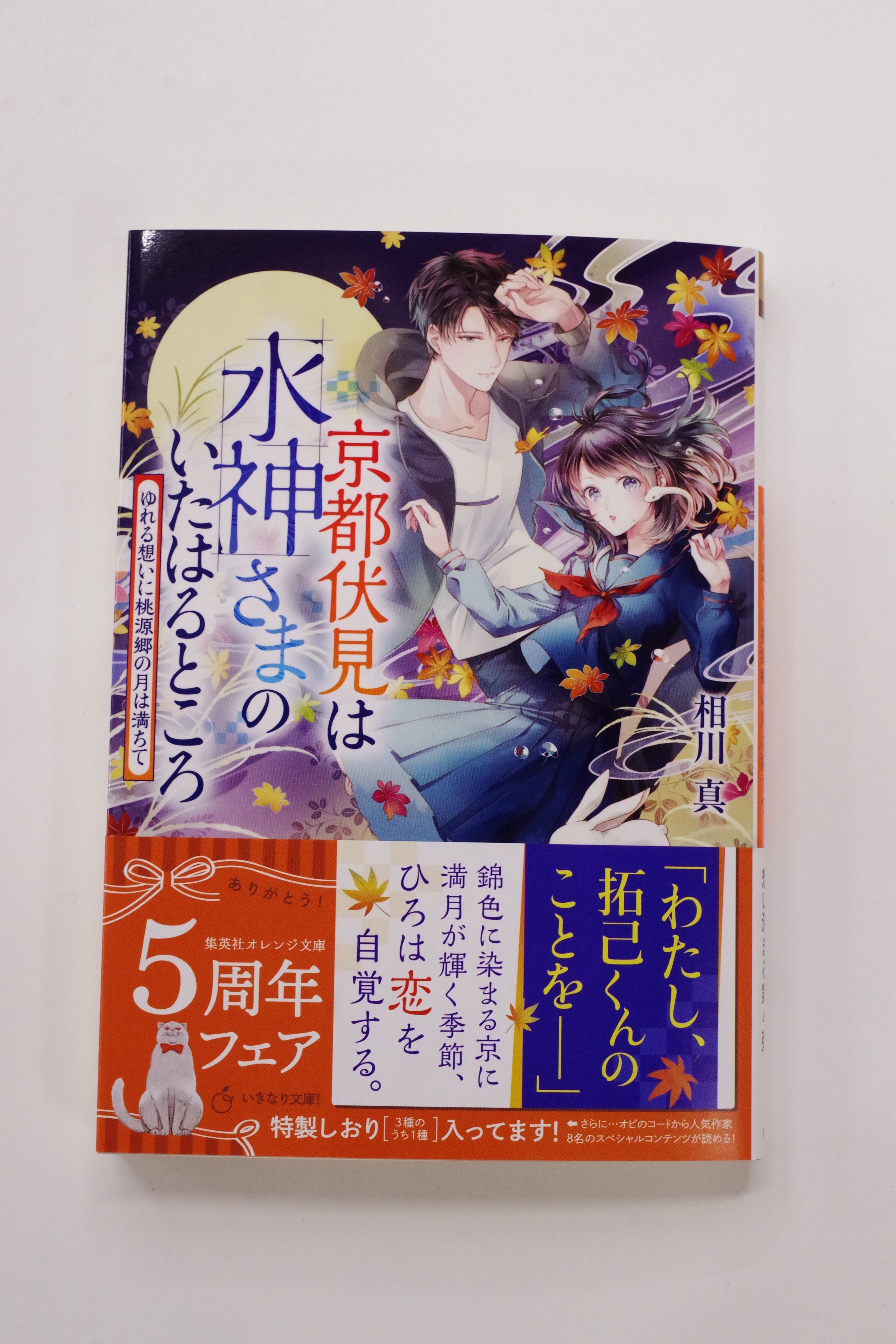 オレンジ文庫 集英社 好評発売中 相川 真 京都伏見は水神さまのいたはるところ ゆれる想いに桃源郷の月は満ちて 装画 白谷 ゆう 幼馴染みの拓己と水神の化身シロに世話を焼かれつつも しっかりしなくちゃと奮闘中の女子高生のひろ 遂に自分の