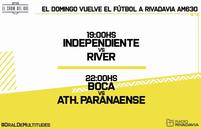 futbolshow870's tweet photo. #OralDeMultitudes
Falta muy poco amigos 😏
¡ El domingo vuelve el fútbol a
@Rivadavia630 ! 📻
En AM630 vamos a transmitir dos partidazos ⚽️
#Independiente vs #River | Con
@perazzomartin y @jorgemarinelli
#Boca vs #AthleticoParanaense | Con @alecalumite y @MisilSantos https://t.co/R72ef3BPzd