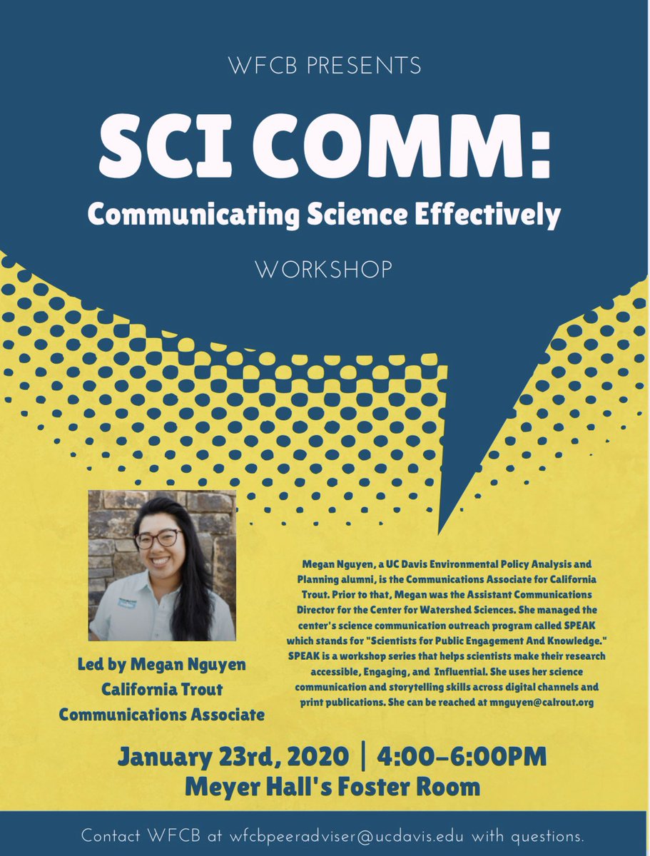 TheJohnLiu's tweet image. Have you been spending too much time on #ScienceTwitter📲
Want to up your #SciComm game⁉️

Join @WFCB_UCDavis🦆as THE MEGANPHONE📢(@MeganKNguyen) shows us how to effectively communicate science!🗣🧬#InteractiveWorkshop👏🏼

⏰Thursday, January 23rd 4-6PM @ucdavis Meyer Hall 1138📌