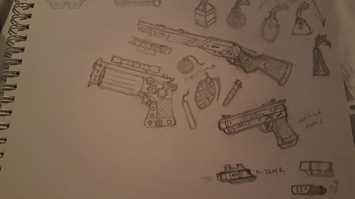 EllieRossington's tweet photo. Got a little bored and found an old gun concept design in a sketch book at home, so decided to do a couple more sketches. Some of them I was just doodling, but the other guns I got some reference for. #conceptart #Gamedev #design #weaponconcepts #art https://t.co/H0RbQYWbY3