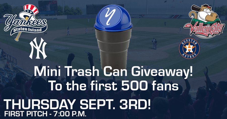 cannonjw's tweet photo. ALL-TIME TROLL: The @SIYanks (@Yankees affiliate) are giving away mini trash cans when they face the @ValleyCats (@astros affiliate) in September. #MiLB #sportsbiz https://t.co/UMDj40SoUu