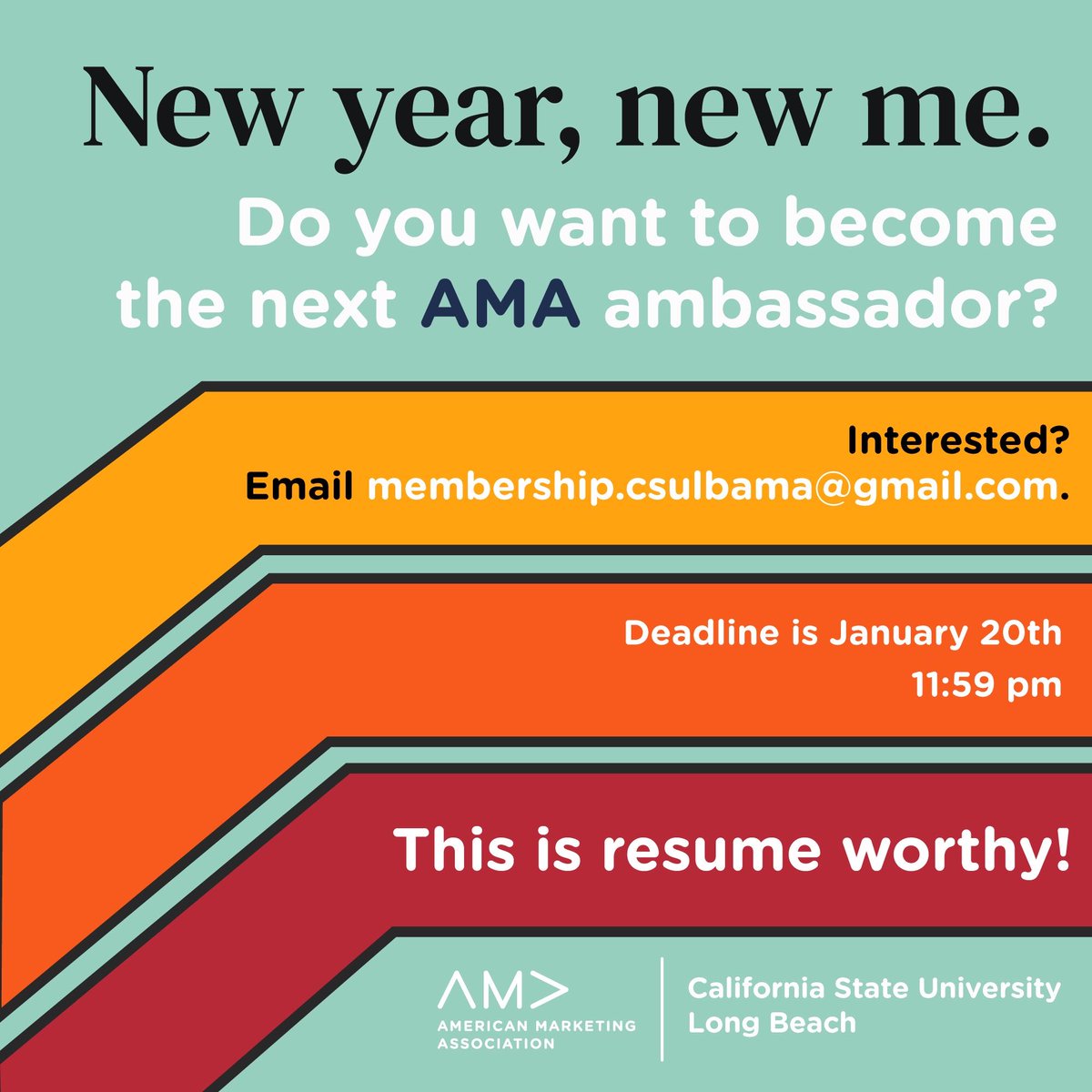 Want to be the face of AMA? We are looking for friendly and dedicated individuals to be our AMA ambassadors. Apply now! The deadline is this Monday!

#CSULB #AMA #marketing #LongBeach