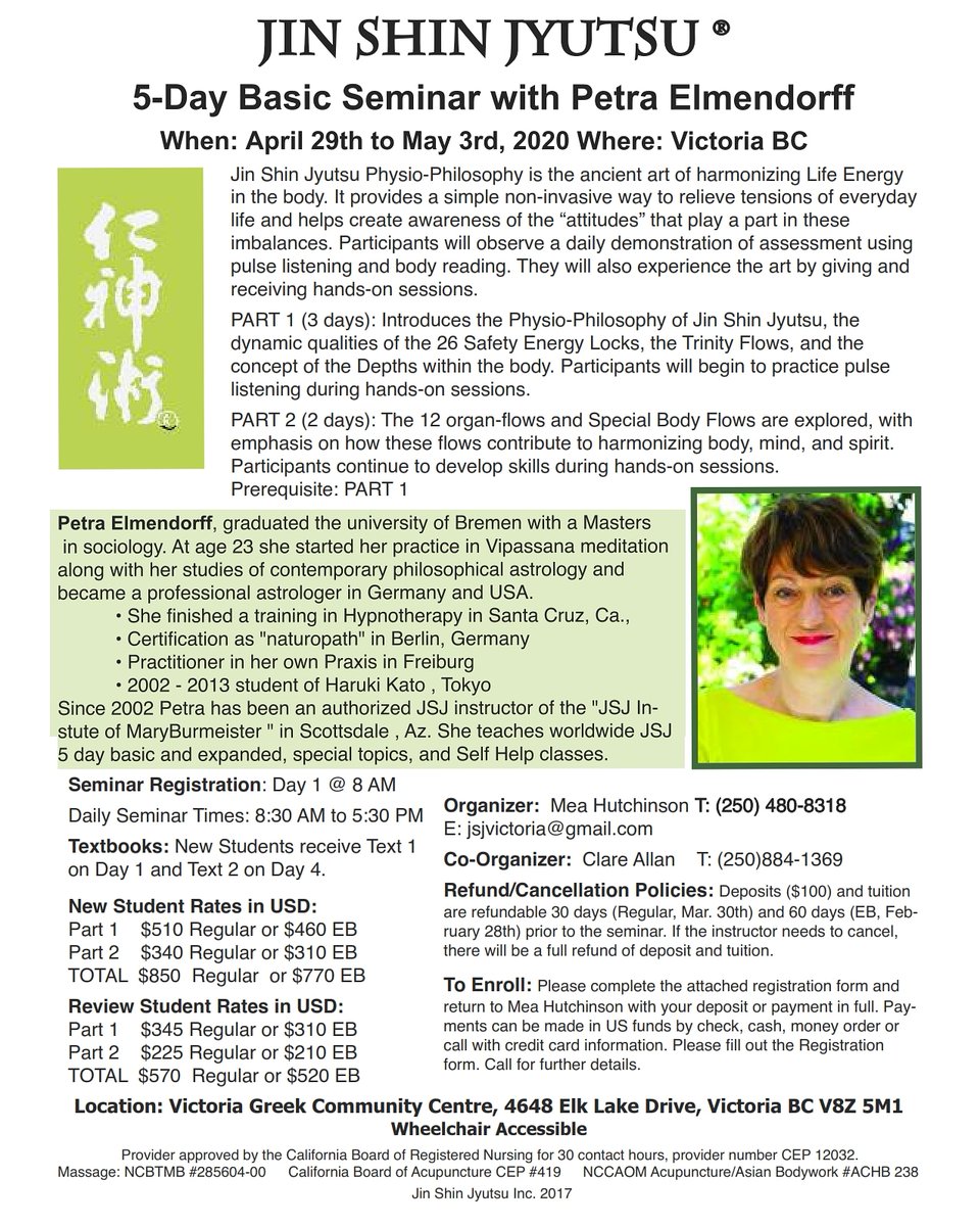 Announcing Victoria, BC's 5 Day Jin Shin Jyutsu Seminar with Petra Elmendorff April 29th to May 3rd, 2020. More info jsjenergy.com 

#yyj #victoriabc #victoriabuzz #yyjhealth #yyjhealing #jinshinjyutsubc #jinshinjyutsucanada #jsjenergy #yyjworkshops #yyjevents