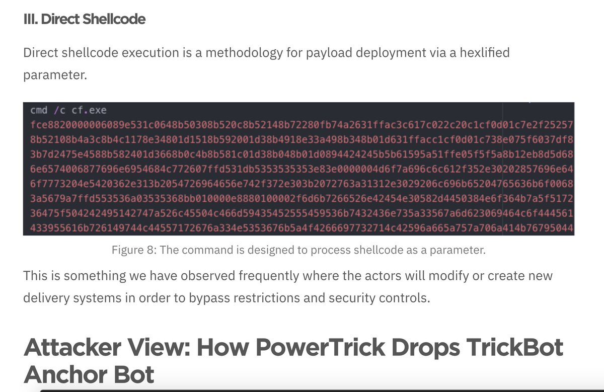VK_Intel's tweet photo. 2020-01-16:👾[#Adversary Technique] 
🆕🤡#TrickBot Infection➡️⛈️"#PowerTrick" Framework ➡️Direct Shellcode
🔥This is something we have observed frequently where the hackers create new delivery systems such as shellcode exec in order to bypass restrictions &amp; security controls. https://t.co/PDXzuAahnr