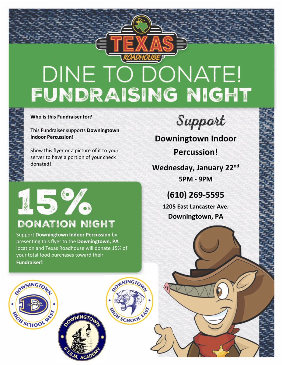 DHSMPA's tweet photo. Indoor Percussion Dine In Fundraiser at Texas Roadhouse in Downingtown on Jan. 22nd from 5-9 pm. https://t.co/tIBCjQxVsG