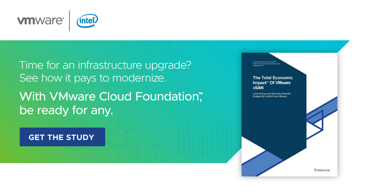 VMware's tweet photo. Facing an infrastructure upgrade decision? Check out The Total Economic Impact™ of @vmwarevsan before you invest. 

Get the report 📝: https://t.co/P9bIKcTivZ https://t.co/yUkGoUMDGs