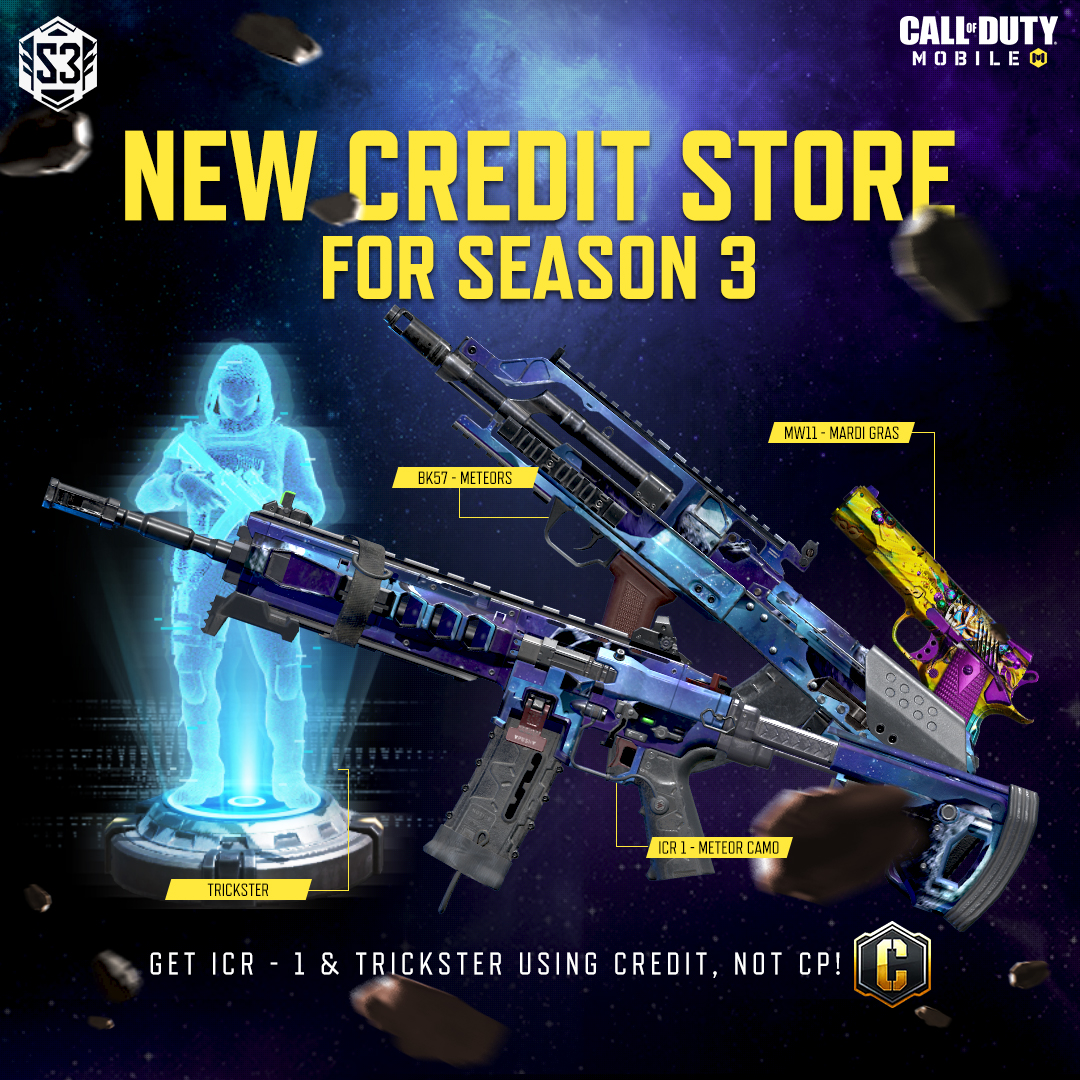 FOLLOW us on Twitter for more Exclusive Contents! Official Garena CODM account! ICR-1, Trickster, BK57 are OUT in CREDITS stores now! Want to buy them? UPDATE to Season 3 and they can be yours today. #Callofdutymobile #CODM #CODMobile #Garena #Season3 #Update #Credits #Store