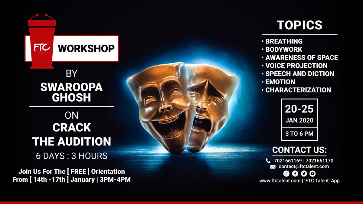 FTCTalent's tweet photo. FTC is starting with a six days intensive workshop on #CrackTheAudition #topics such as #breathing, #bodywork, #awarenessofspace, #voiceprojection & other topics will be covered.
Register Link: https://t.co/vl0T8Fl51a
#FTCTalent #FTCWorkshop #ActingClass #FTC #FTCCasting https://t.co/gLDH4ZHqfc