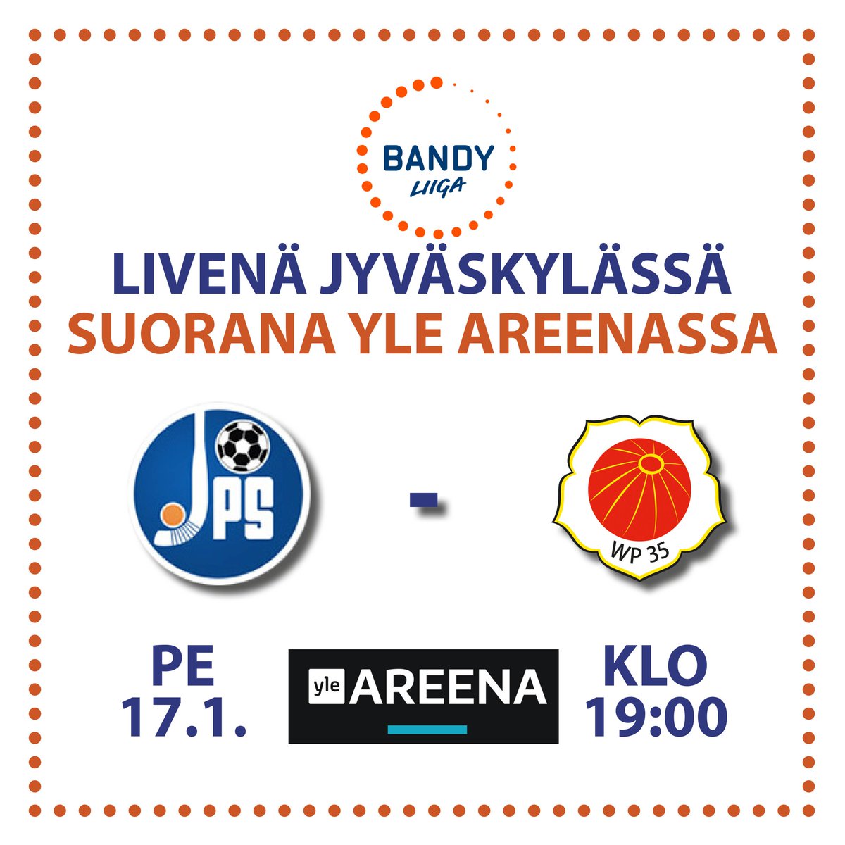 Finbandy's tweet photo. PELIPÄIVÄ!
Tänään Bandyliigaa suorana Yle Areenassa:
JPS - WP35 pe 17.1. klo 19.00
Lähetys 👉 https://t.co/mpeT1w6O7B
Liveseuranta 👉 https://t.co/1NtahCUfry
Ottelun tiedot 👉 https://t.co/zePPDGaF7E
#bandyliiga #jääpallo #bandy #finbandy #jpsbandy #wp35 #yleareena https://t.co/rUAjOTMnNY