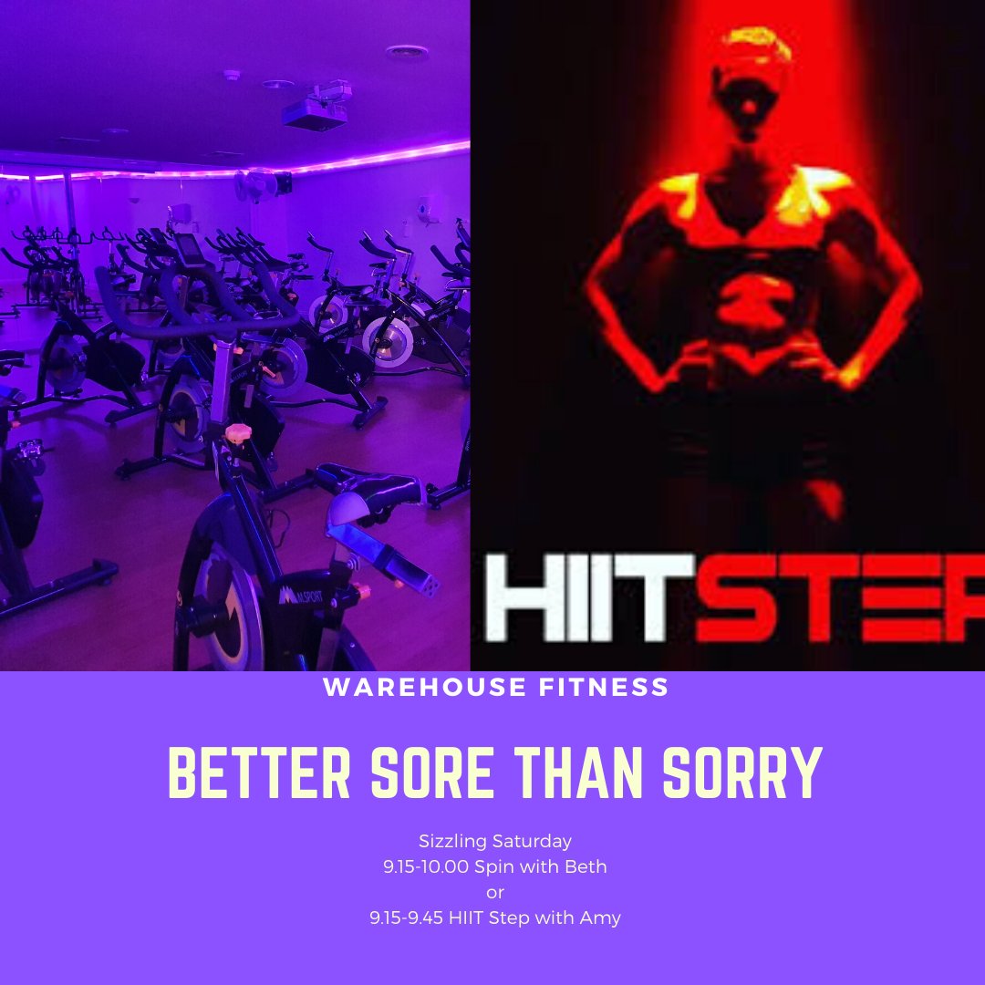 warehousefitiom's tweet photo. Sizzling Saturday Classes: 9.15-10.00 Spin with Beth OR
9.15-9.45 HIIT Step with Amy.  Booking not necessary, these classes are open to non members £5 PAYG

#warehousefitness #iom #gym #sparklenotsweat #supersaturday #exercise #fitness #fitladies #fit #fitladies #gymlife #fitfam https://t.co/0b0nl8WZ7n