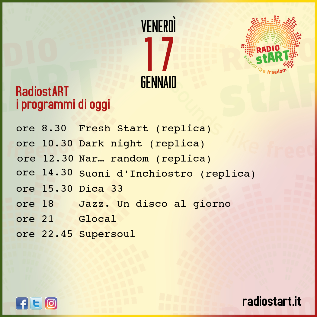 ArtRadiost's tweet photo. RadiostART | i programmi di venerdì 17 gennaio 2020
ascolta RadiostART su https://t.co/5PXbyF1ngk o su TuneIn

#RadiostART #Programmi #Podcast #OnAir #Repliche #Dica33 #jazzundiscoalgiorno #Glocal #Supersoul #Venerdì #Friday #Venerdì17 #Friday17 #January17 #17Gennaio https://t.co/rmxWMA5QEr