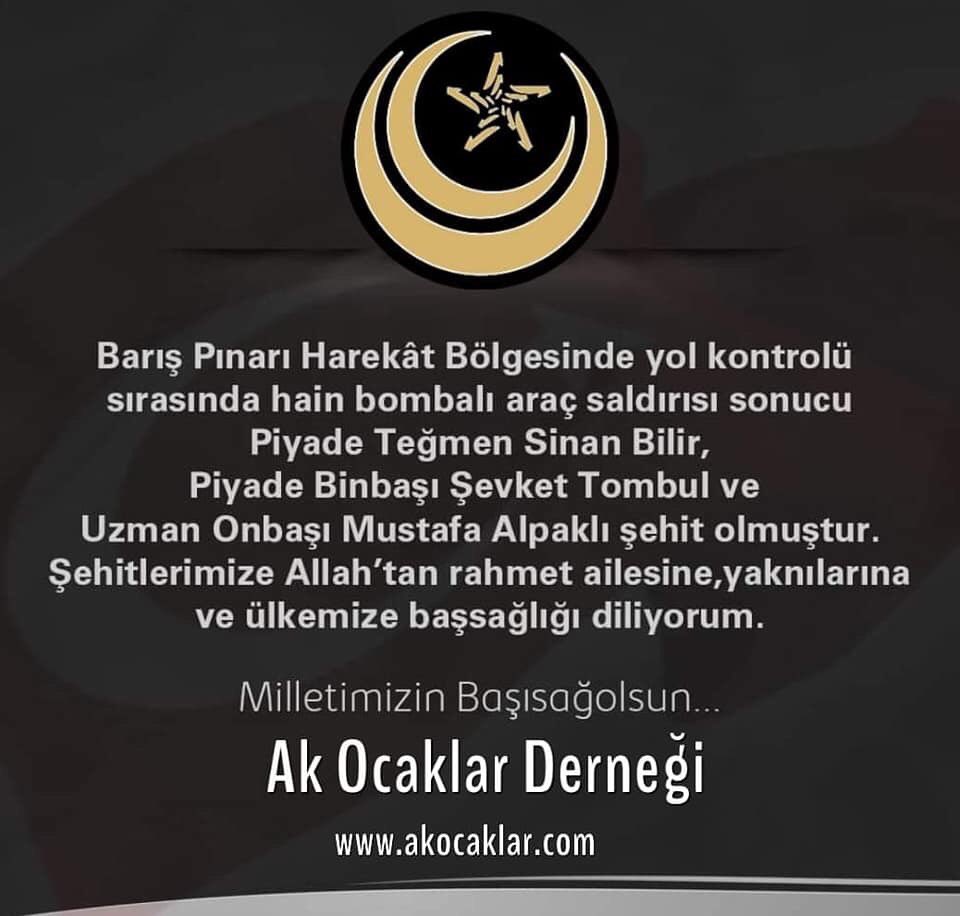 UAkocaklar's tweet photo. ŞEHİTLERİMİZ VAR #TÜRKİYE 
Tel Abyad/Ayn Suluk’ta hain terör örgütü PYD/YPG tarafından yapılan bombalı saldırıda 3 vatan evladımız şehit düştü.

Şehitlerimize Allah’tan rahmet, ailelerine ve sevenlerine ve yüce milletimize sabırlar diliyorum.
@UAkocaklar #akodşanlıurfa https://t.co/bX3p588aIe