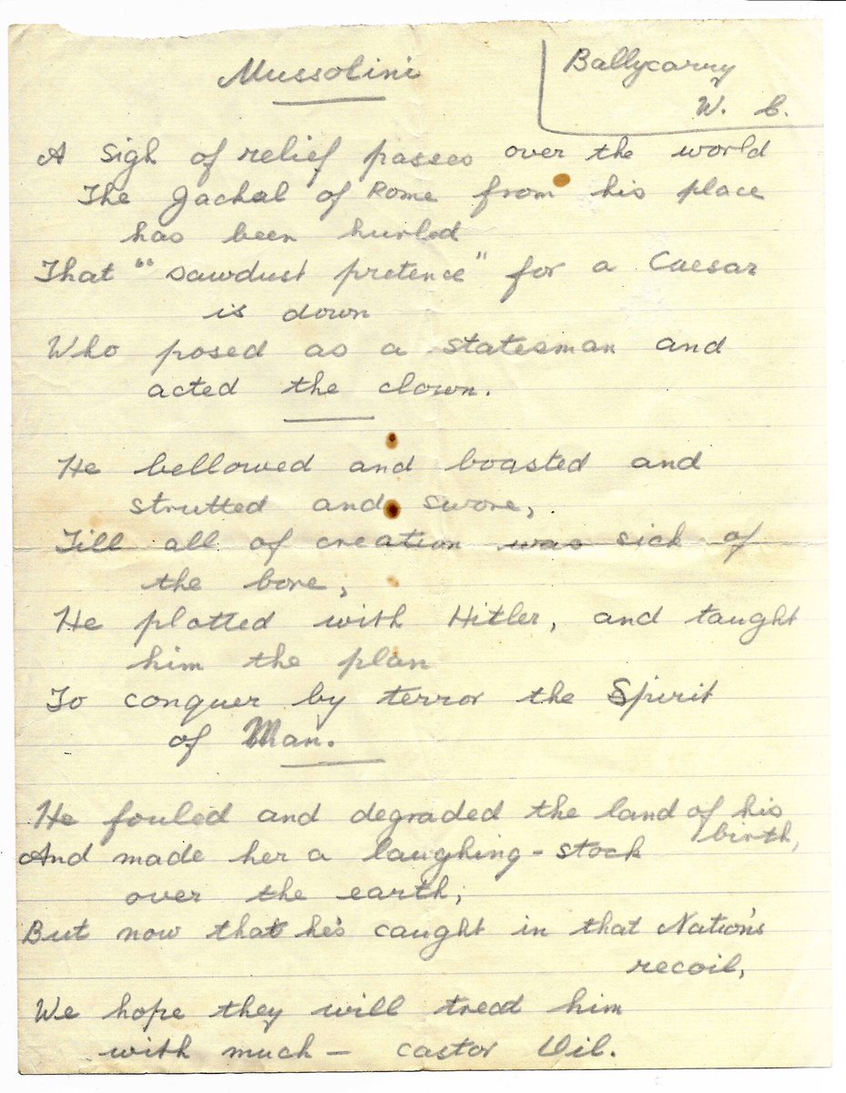ArtworkArmy's tweet photo. Sorting through my Grandparents belongings &amp; found this handwritten poem, about the downfall of Mussolini. I think it might have been written by my Great Grandfather William Boyd (d. 1947). #poetry #poem #WW2 #WWII 
@I_W_M
@RealTimeWWII
@WW2Facts
@CWGC https://t.co/xCOziefnl1