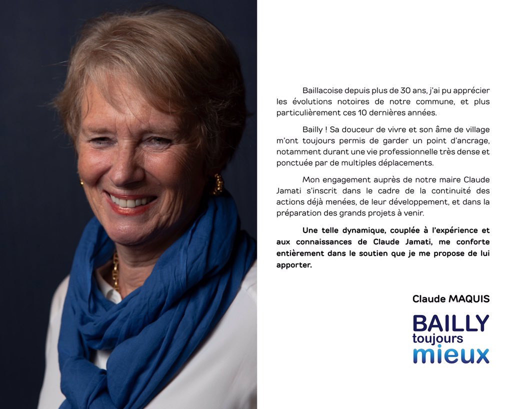 JamatiClaude's tweet photo. 🔵 Claude Maquis est très attachée à Bailly. La gestion de la commune par Claude Jamati, pendant deux mandats, l'a convaincu de rejoindre #Baillytoujoursmieux. #bailly78 #Yvelines #Municipales #Municipales2020 

Son message : https://t.co/NaZjliPDkX