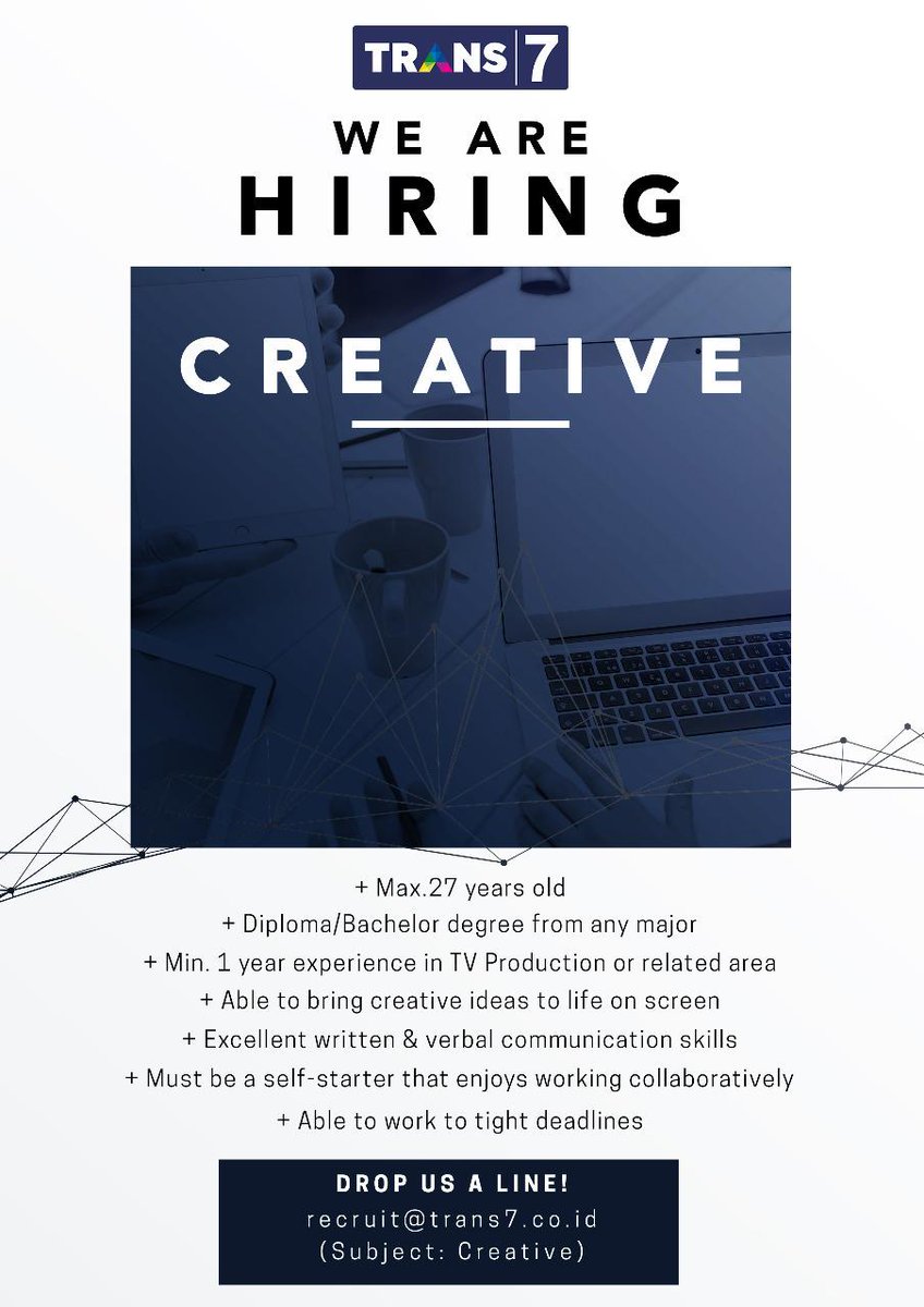 HRD_TRANS7's tweet photo. Have you ever thought of exploring your creativity even further? Because if it ever cross your mind, don't worry, TRANS 7 have the perfect opportunity for you. Check out the qualifications below!

Don't hesitate to try because you might be the perfect fit for the company. https://t.co/PfEa8z3gCN