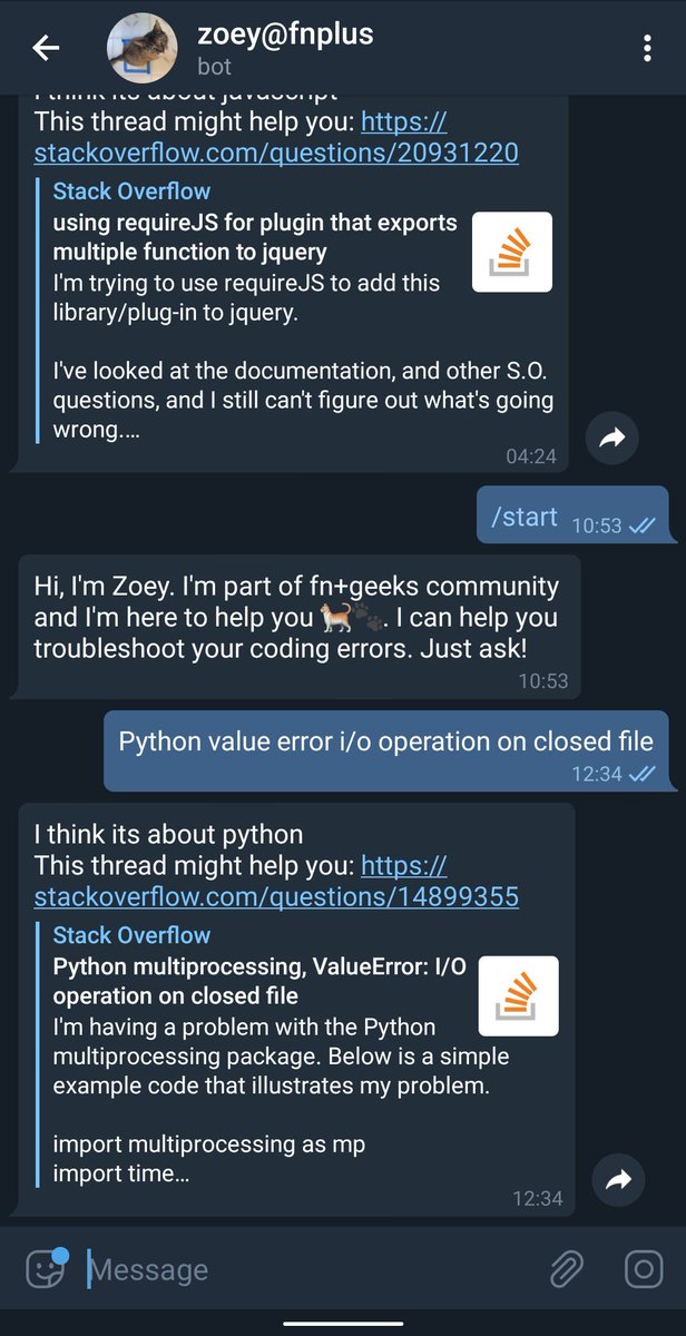 abhisTake's tweet photo. Introducing 'Zoey', our in-house conversational bot which can help you find answers to your programming horrors/errors built using NLTK.
Try it out on Telegram!
https://t.co/uPUPQ9Y6QY
#fnplus #nltk #ml #python https://t.co/0ff8J3nCEd
