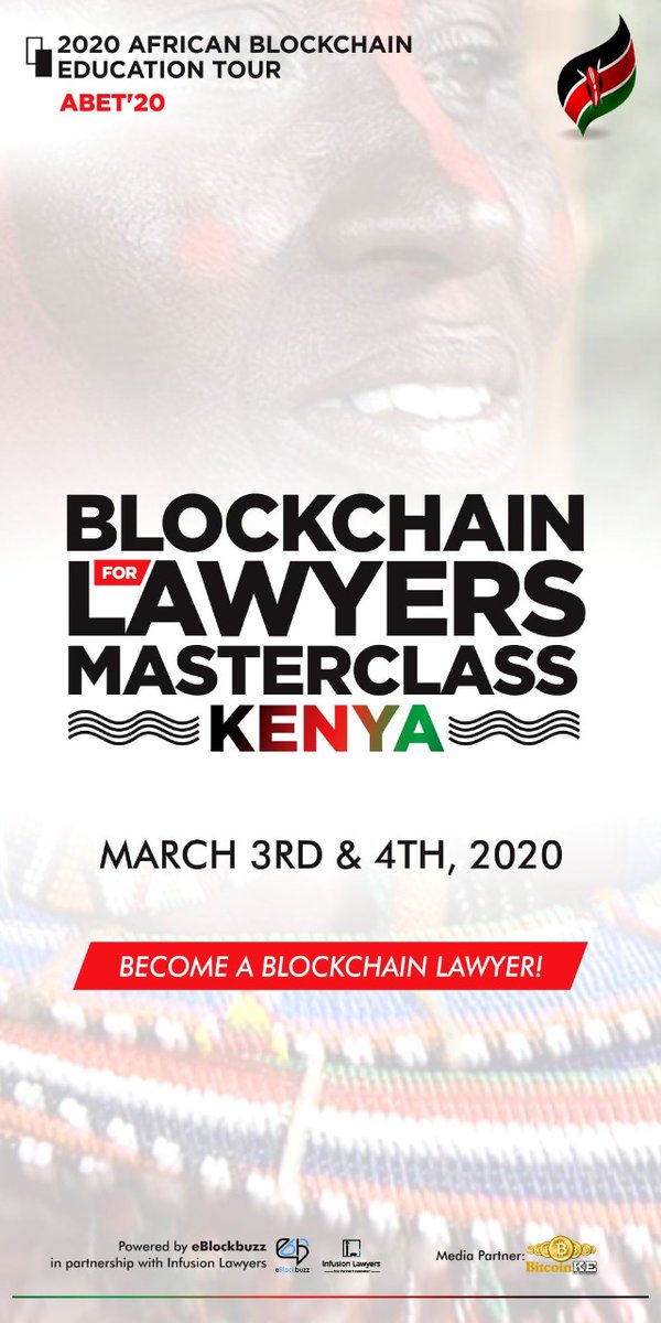 Join the 2-Day Training Masterclass from 3rd to 4th March 2020 - The Blockchain for Lawyers, Nairobi Edition.

Blockchain for Lawyers Masterclass is a comprehensive course in blockchain &amp; cryptocurrency law and regulations.

For more details, bitcoinke.io/2020/01/the-bl…