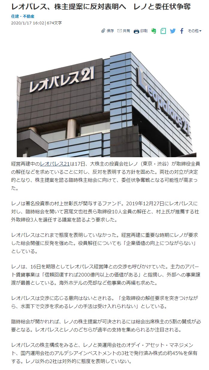 Sak レオパレス 株主提案に反対表明へ レノと委任状争奪 T Co Iwt1osmm7d レオパレスはこれまで態度を表明していなかった レノと英運用会社のオデイ アセット マネジメント 国内運用会社のアルデシアインベストメントの3社で発行済み