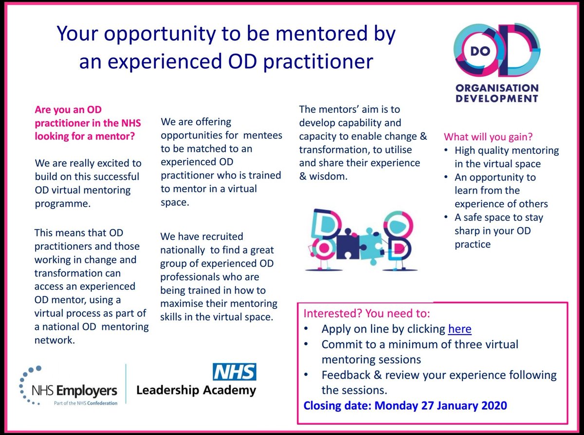 If you think you'd benefit from the support, advice and wisdom of an experienced OD practitioner, apply to be mentored by one of our amazing new OD Virtual Mentors. Details by 27 January please 👍 (and tell your friends too)  surveymonkey.co.uk/r/HMQXR86