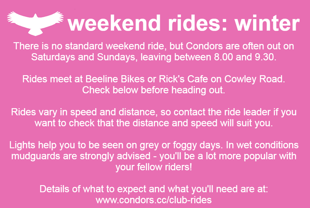 CRCondors's tweet photo. Come and ride with us this weekend! See details of all rides at https://t.co/u5CIZpBT3D #pinkpost https://t.co/h6LYVJyWm1