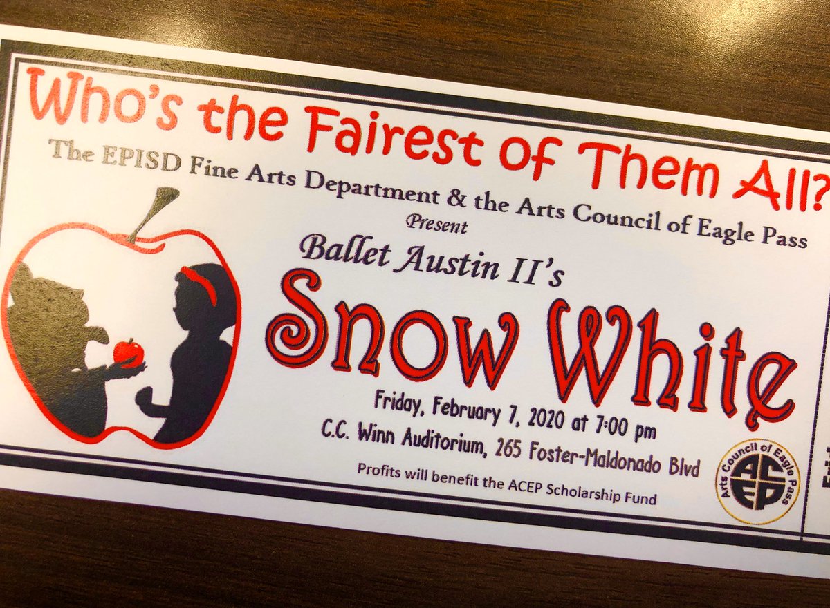 CouncilPass's tweet image. Ballet Austin is coming to EP! 

The Arts Council of EP is presenting a performance of Snow White on Feb. 7, at 7 pm at the Winn Auditorium. 

Ticket prices are $5 for Students &amp;amp; $10 for Adults. 

If you’re interested in purchasing tickets let me know and I will take them to you.
