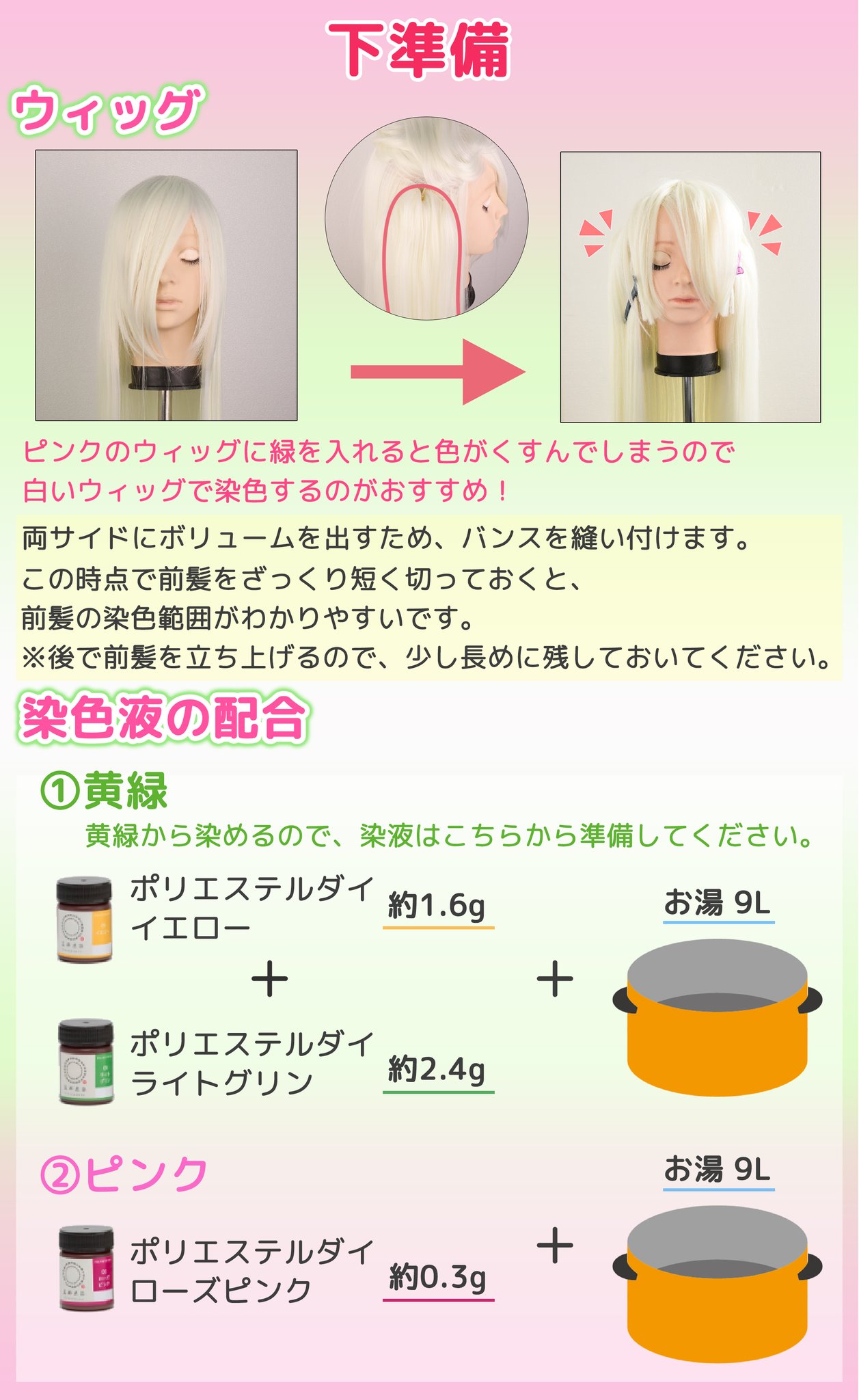 クラッセ Plus 上下の2色グラデーションの作り方 鬼滅の刃の甘露寺蜜璃 風ウィッグを作ってみました グリーンは染め粉を2色混ぜてつくった こだわりカラーです 染料の割合から染め方のコツまで ご紹介しておりますので是非ご覧下さい 使ったの