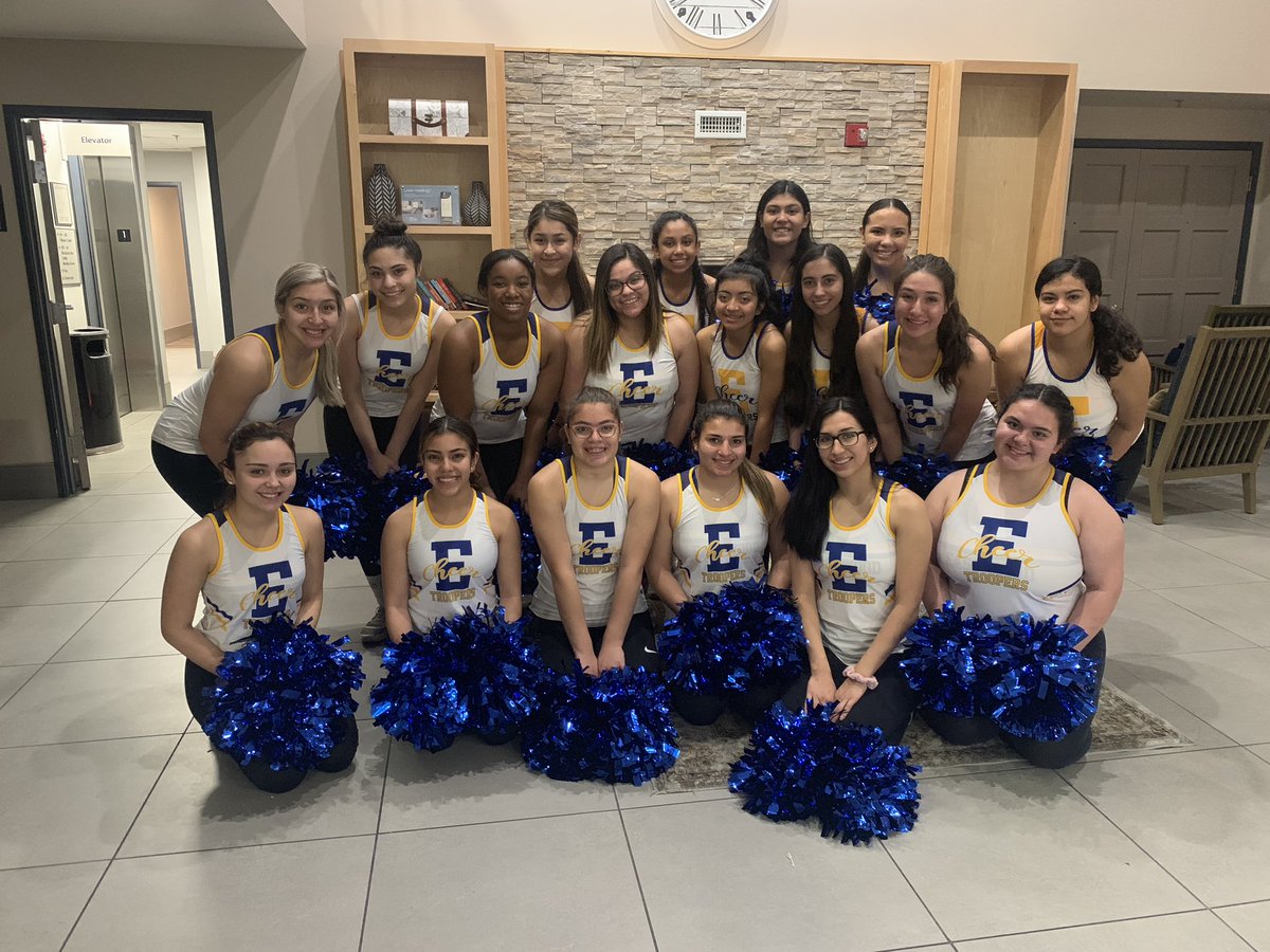cheer_eastwood's tweet photo. We are ready for you Spirit State UIL! Hotel lobby practices are the best practices! 💙💛 #troopcheer #spirituil #stateuil https://t.co/cOBOuCw8if