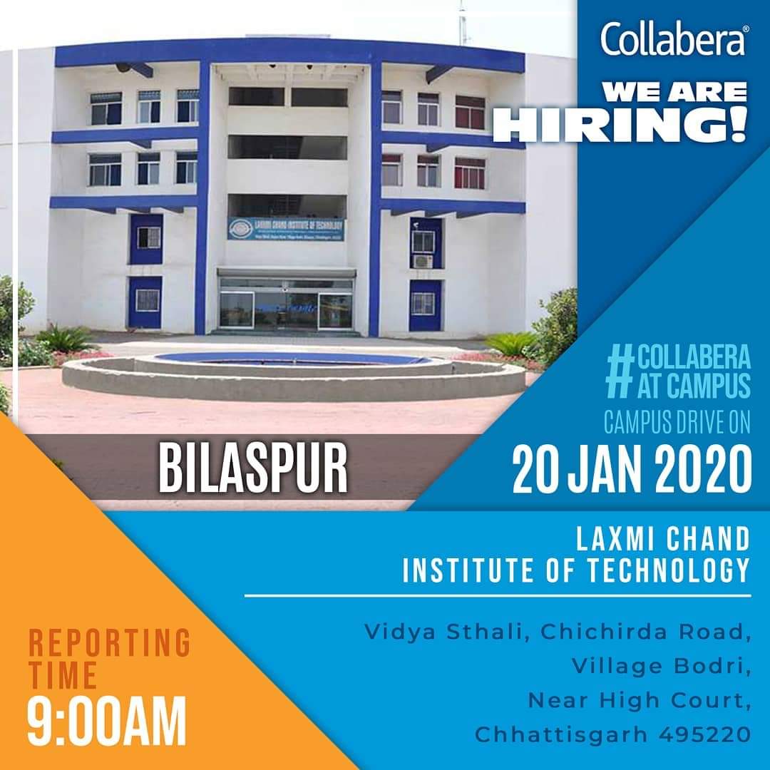 CollaberaGTC's tweet photo. #HappyFriday 🙃
#CollaberaAtCampus
We are excited to meet you all at
#LCIT. We are conducting placement drives on 20th January 2020 at your campus.
🕘 Reporting Time: 9:00 AM
#January #campus #Drive #Chhattisgarh #Bilaspur
#fridaymorning 🌄🌞 #CollaberaGDC https://t.co/IKhIfyHwHp