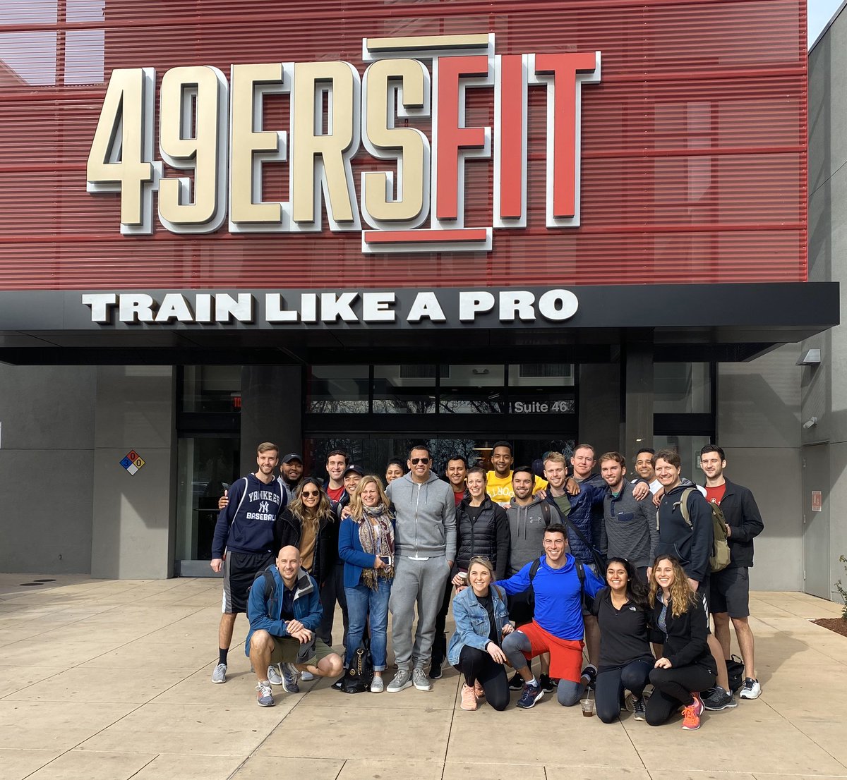 49ersFit's tweet photo. We had a great time yesterday hosting @AROD and the Stanford GSB Class! Gold Rush started them off with a fun Gold Rush Groove Dance Class and then Coach Jeff and Coach Candice put them through a Training Camp! Thank you for stopping by and Training Like A Pro! #49ersfit @49ers https://t.co/DAKivPaXQG