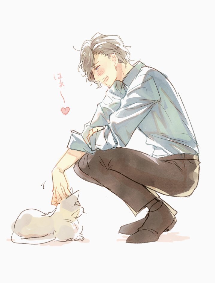 1boy male focus cat squatting shirt petting pants  illustration images