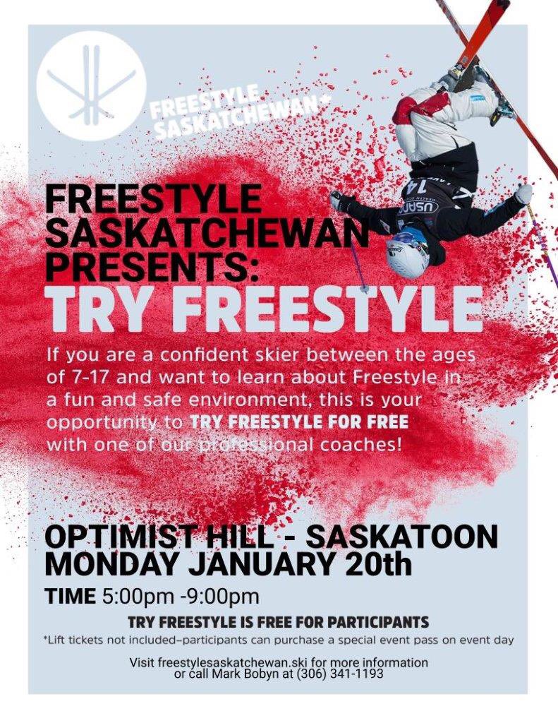 skfreestyleski's tweet photo. Ever wonder what Freestyle Skiing is all about? Come on out to @optimisthill next week to give it a try.  Contact us at the number below for more details. @Flatlandski @SaskSport #yxe https://t.co/hgj5qpNUap