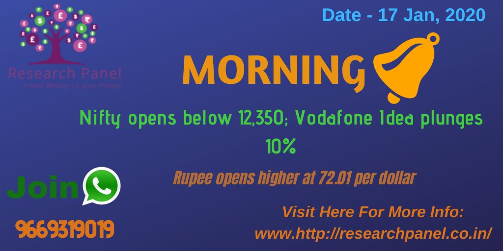 PanelResearch's tweet image. Market Live: #Nifty opens below 12,350; Vodafone Idea plunges 10%. Join us to get #Stock market #Tips and #Updates And also get #High Accuracy Calls through our expert’s; Click here to get in touch with our experts Visit:researchpanel.co.in/ask-an-expert.…
#MorningBellUpdates #Marketlive