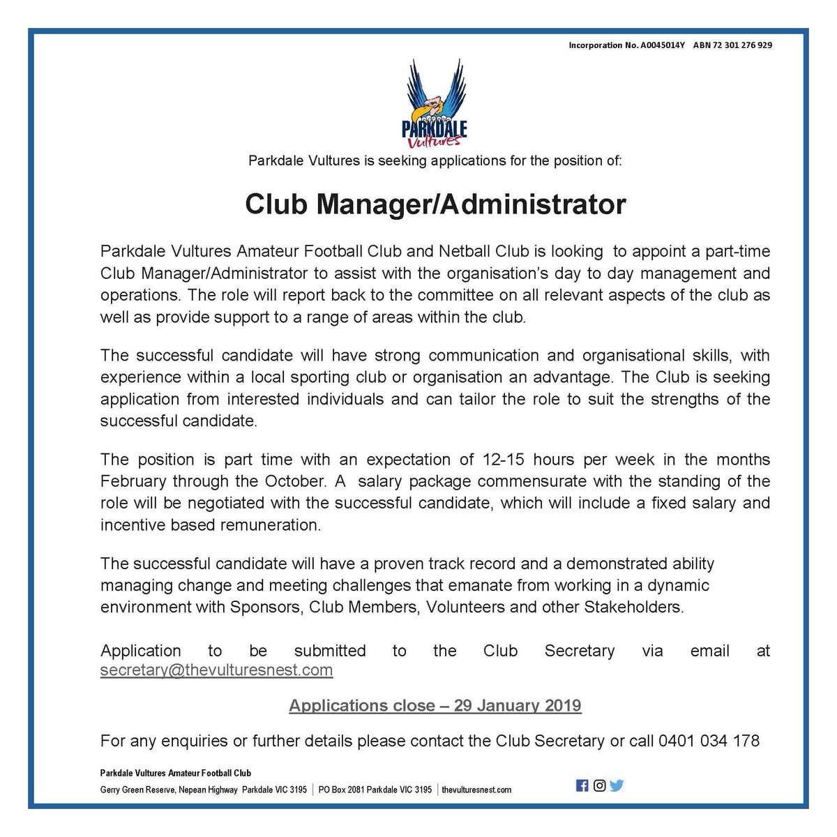 Looking for a part time role at a great local club. 

Applications now open <a href="/VAFA_HQ/">VAFA</a>