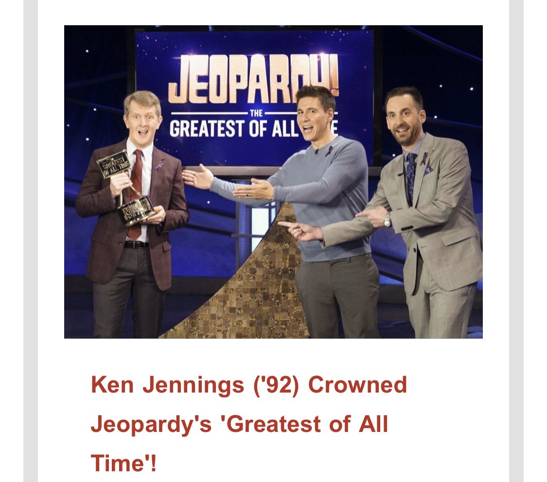 Ken Jennings- SFS Alum - Apparently Ken’s passion for trivia was fostered in the SFS Brain Bowl. #SFS1912 #JeopardyGOAT