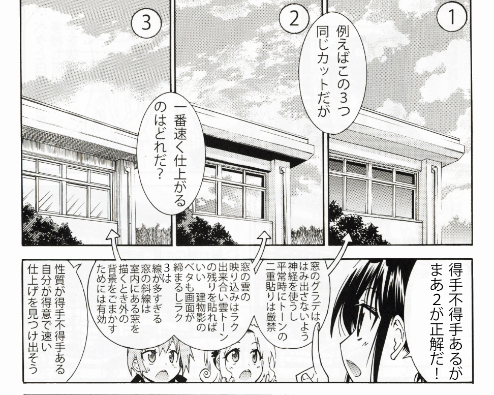 漫画家志望さんへ……コスパの良い背景の作画方法の一例
・影はベタに
・光の当たってる所は白飛ばし
・トーンは薄い色を使いできるだけ省略

時間のかからない作画術も覚えよう! 