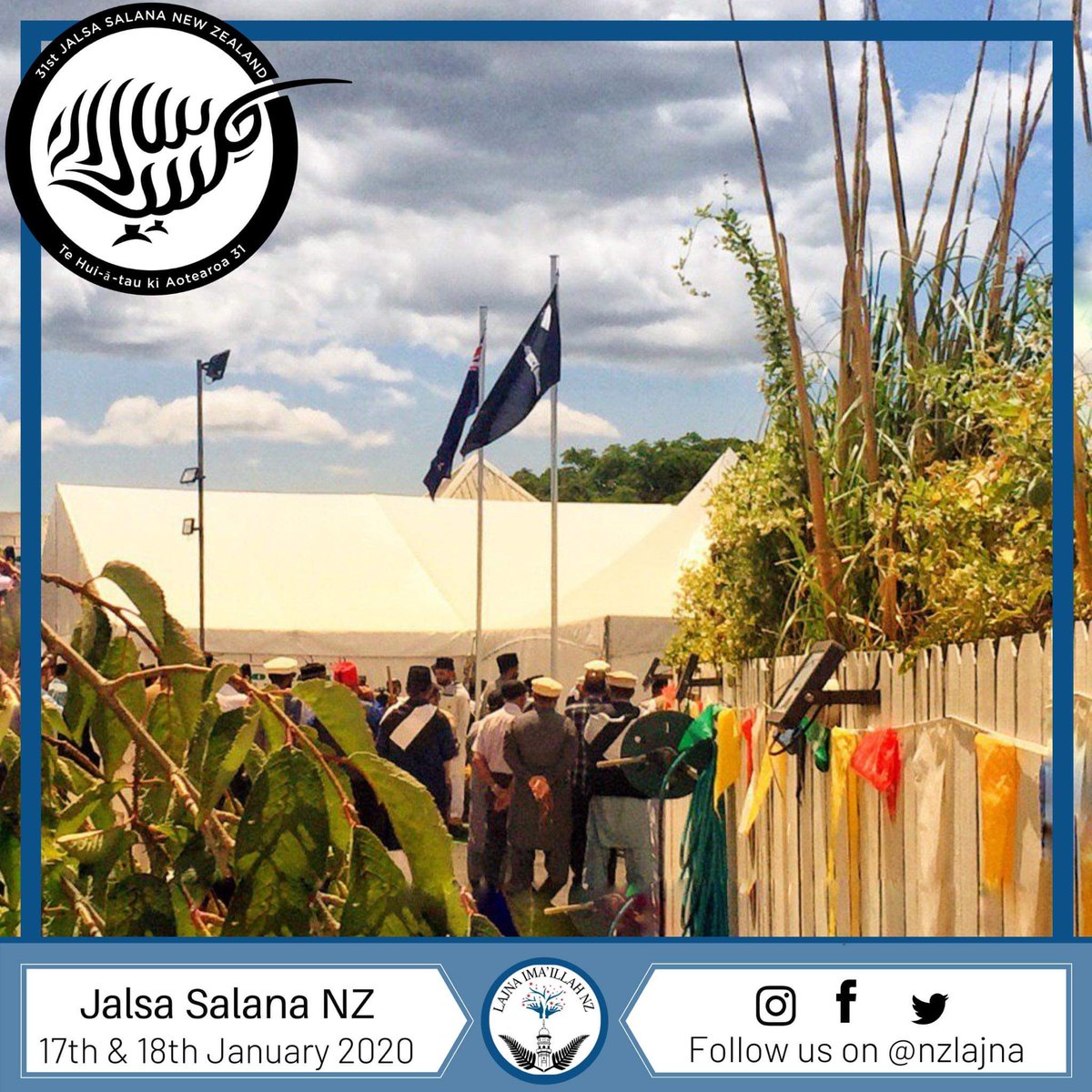 NzLajna's tweet photo. Following the #principlesofislam we start our auspicious day by showing respect to the nation we reside in by undertaking a flag hoisting ceremony. God Defend NZ. Alhamdulillah let Jalsa Salana proceedings begin. #jalsanz #nzlajna #jalsaconnect https://t.co/3TunUHEp6d