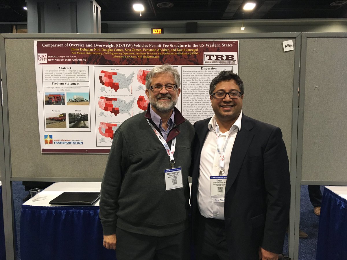 dvjauregui1969's tweet image. Dr. Ehsan Dehghan-Niri representing NMSU civil engineering department at 2020 TRB meeting in Washington for research on permitting fees for overweight vehicles. Pictured with Dr. David Hadwiger from NMDOT Research Bureau. #NMSUengineering #TRB2020