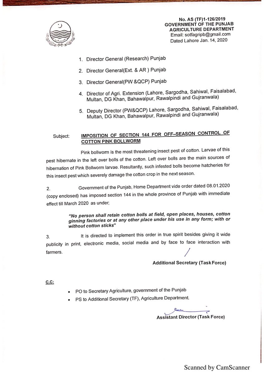 IjazAhmadRao's tweet photo. Failure of #Bt Cotton in #Pakistan. #GOPunjabPK bans cotton sowing before April, imposes sectn 144 to protect from #pink #bollworm which has severely damaged production. @mnfsr @AsadQaiserPTI @aminattock @Bayer4Crops @CropLifeIntl #isaaa_org @GMWatch @ImranKhanPTI @ArifAlvi #GMO https://t.co/mkbbRL87AN