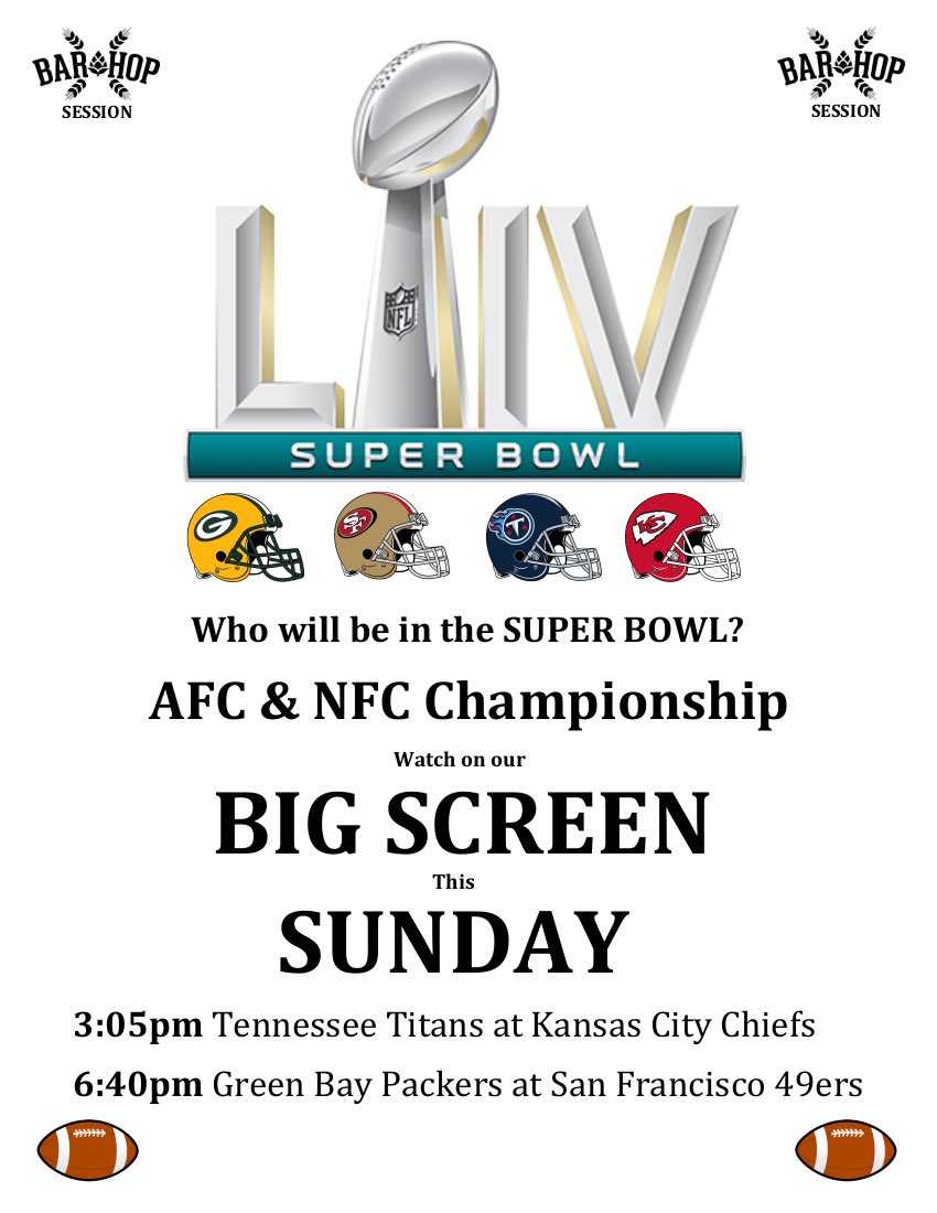 DrummerTim1's tweet photo. This Sunday at #barhopsession #681danforth come watch the AFC & NFC championship games! Food, great beer, & football!! @Titans at @Chiefs @packers at @49ers
#SuperBowl #681danforthave #craftbeer #afc #nfc #nfl #beer #Toronto #superbowlparty @barhopbar #superbowl54 https://t.co/QTJsyBfc69