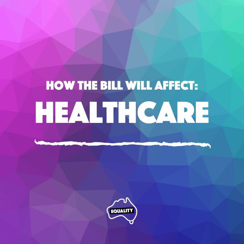 How the bill will affect: healthcare is in text over a gradient purple/blue/green background. The white Equality Australia logo is at the bottom