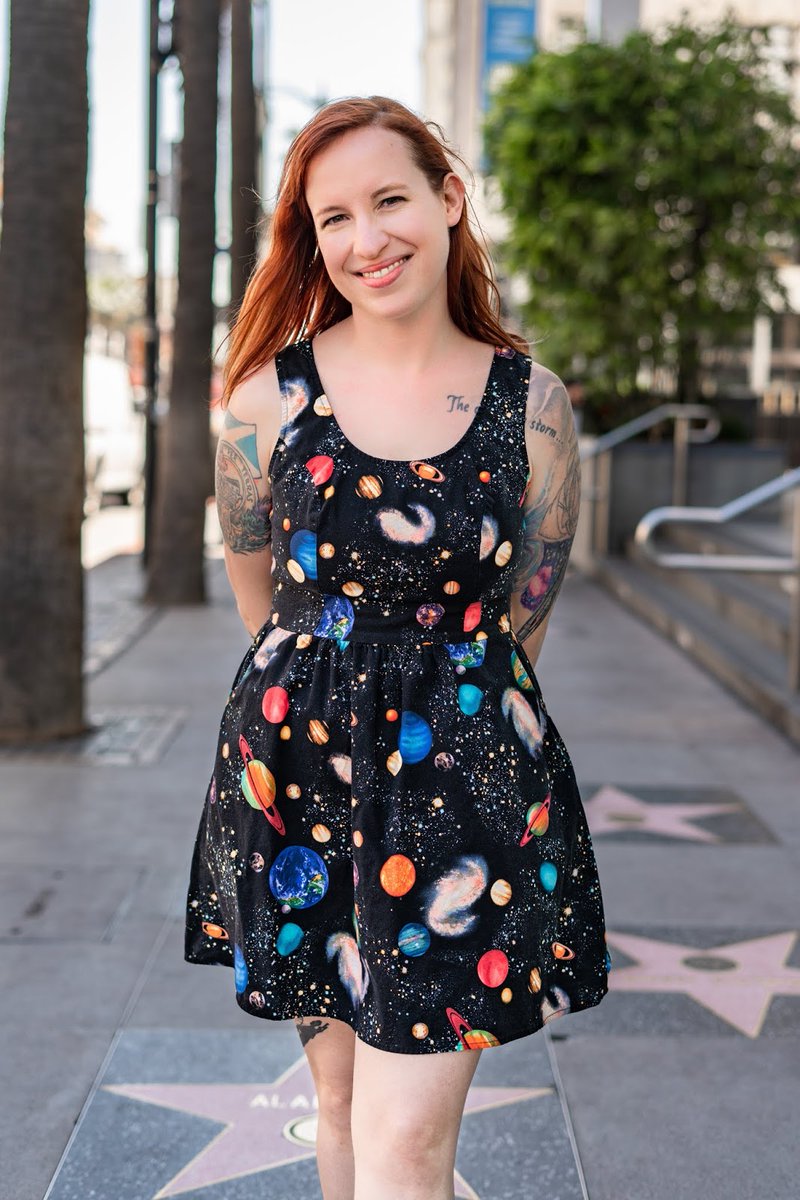Dr Erin MacDonald wearing a space-themed dress