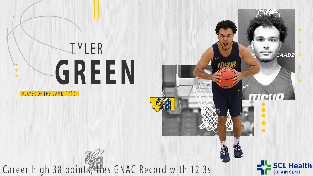 MSUBMBB's tweet photo. Tyler Green is named the St. Vincent Player of the Game for his career high 38 points! Green also ties the GNAC record for three point shots made in a game with 12! #JacketBaskets #MSUBMBB https://t.co/oM5FInMW81