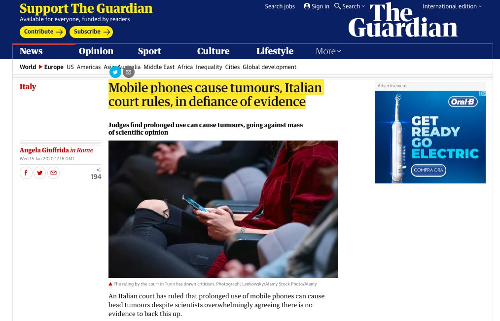 MicheTiraboschi's tweet photo. ยซThere are solid elements to affirm a causal role between the exposure of the person to radio frequencies from mobile phones and the disease that aroseยป Turin Court of Appeal via https://t.co/UrOCTwOYeq (#HealthAtWork @ADAPT_EOSH #EOSH). https://t.co/Gyoee3bEyJ
