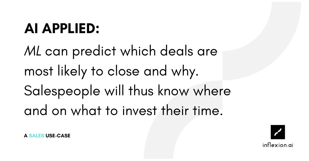 inflxd's tweet photo. Using data from previous closed #sales, #AI can predict which prospects are likely to close and where salespeople should invest their time.

#AIApplied is a series on real world use cases of #artificialintelligence, #machinelearning, #bigdata, #computervision and #NLP. https://t.co/euizf9zG58