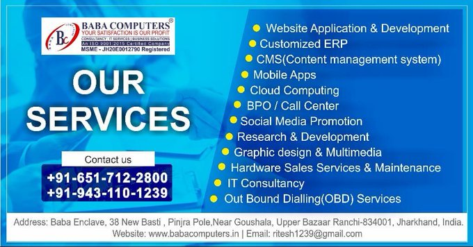 BabaComputerIND's tweet photo. #Baba_Computers is foremost #IT_Company that offers a wide range of service to cover the entire spectrum of #IT_services as our goal is to '#TRANSFORM_IDEAS_INTO_REALITY'.
Visit : https://t.co/9zU7AOxPXB
For further information, contact us :
+91-651-712-2800
+91-943-110-1239 https://t.co/REcSgYz086