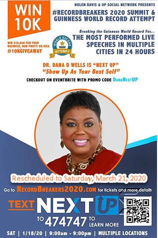 drdanadwells's tweet photo. Happy Friday! Guinness Book of World Records has postponed our event to Saturday, March 21, 2020. Tickets honored for the new date &amp; can still be purchased. Thank you all! #10KGiveaway #RecordBreakers #UPSocialNetwork #NextUP #DrDana #WeAreAllGoodWorksInProgress #DanaWellsAssoc https://t.co/fmd2lRgKSL